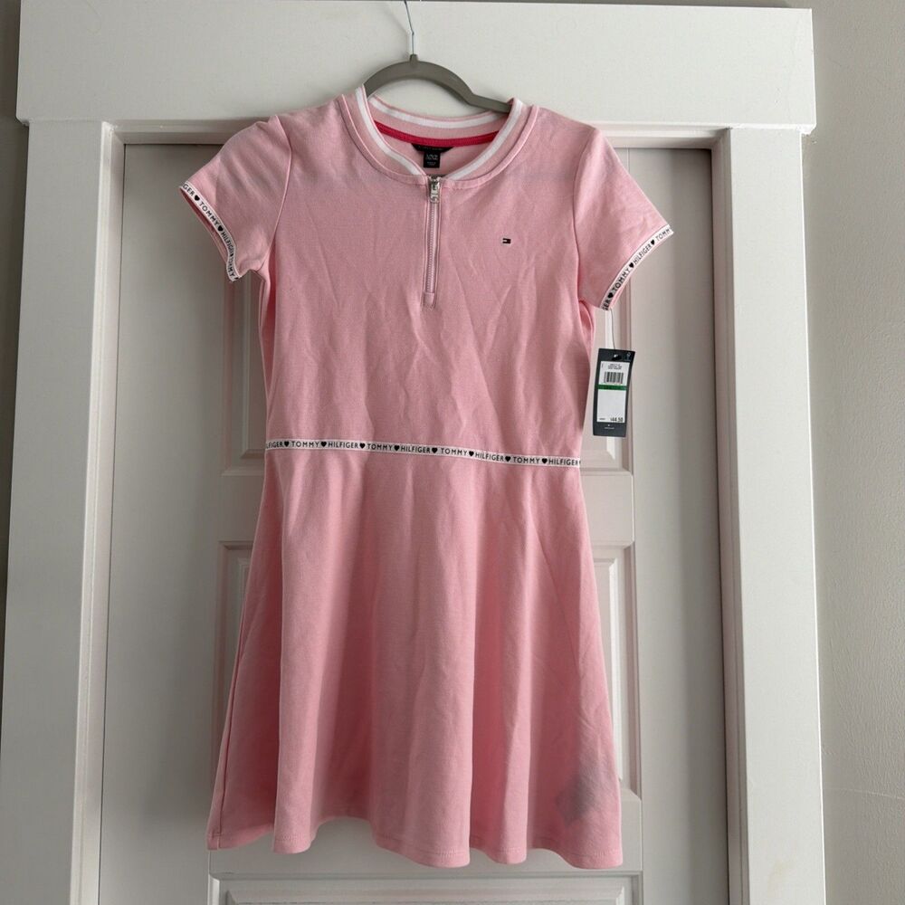 Girl dress Tommy Hilfiger Fit & Flare Dress Pink Short Sleeve Knee Logo 12-14 l